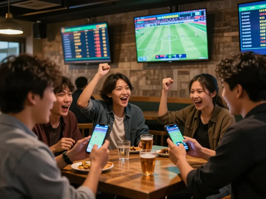 Fan engaging in judi bola at a sports bar, placing a lively bet on their smartphone amidst cheering friends.