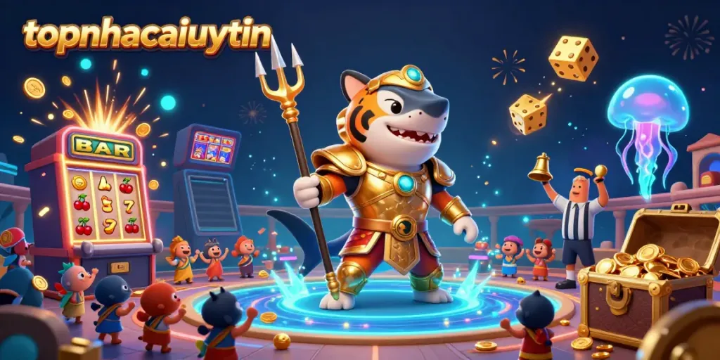 Experience thrilling gaming action with topnhacaiuytin featuring a tiger shark in gladiator armor amidst an underwater colosseum.