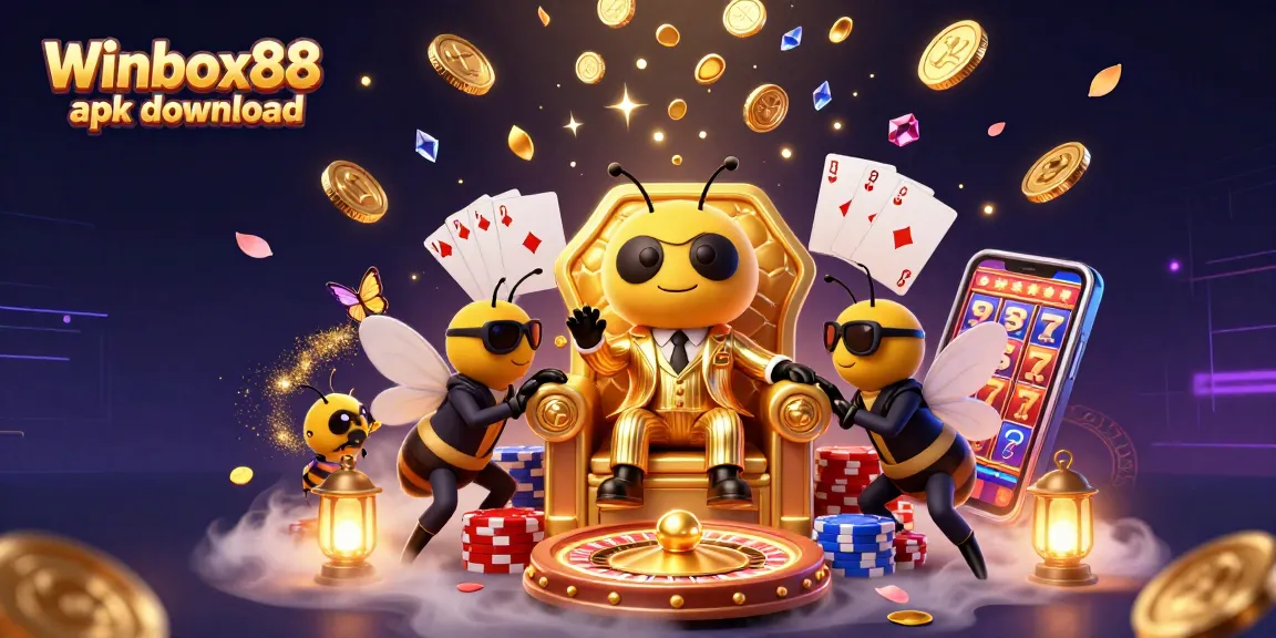Winbox88 apk download showcases an exciting casino scene with a cartoon mob boss and vibrant gaming elements.