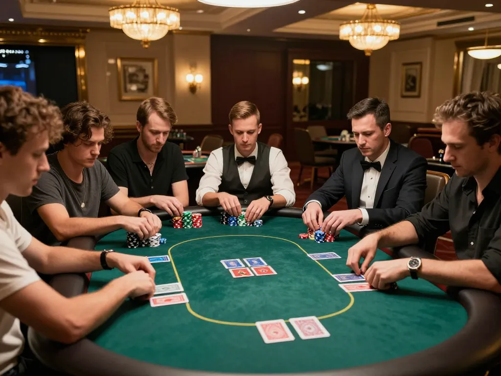 XX88 poker players strategizing over rich chips and cards in a luxurious casino atmosphere