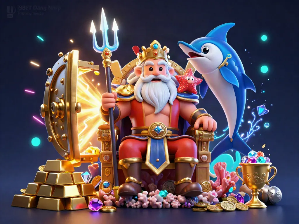 Engage with the captivating world of i9BET Đăng Nhập featuring treasure vaults and a sea king in a vivid 3D illustration.