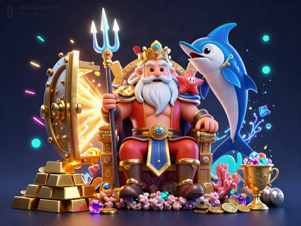 Engage with the captivating world of i9BET Đăng Nhập featuring treasure vaults and a sea king in a vivid 3D illustration.