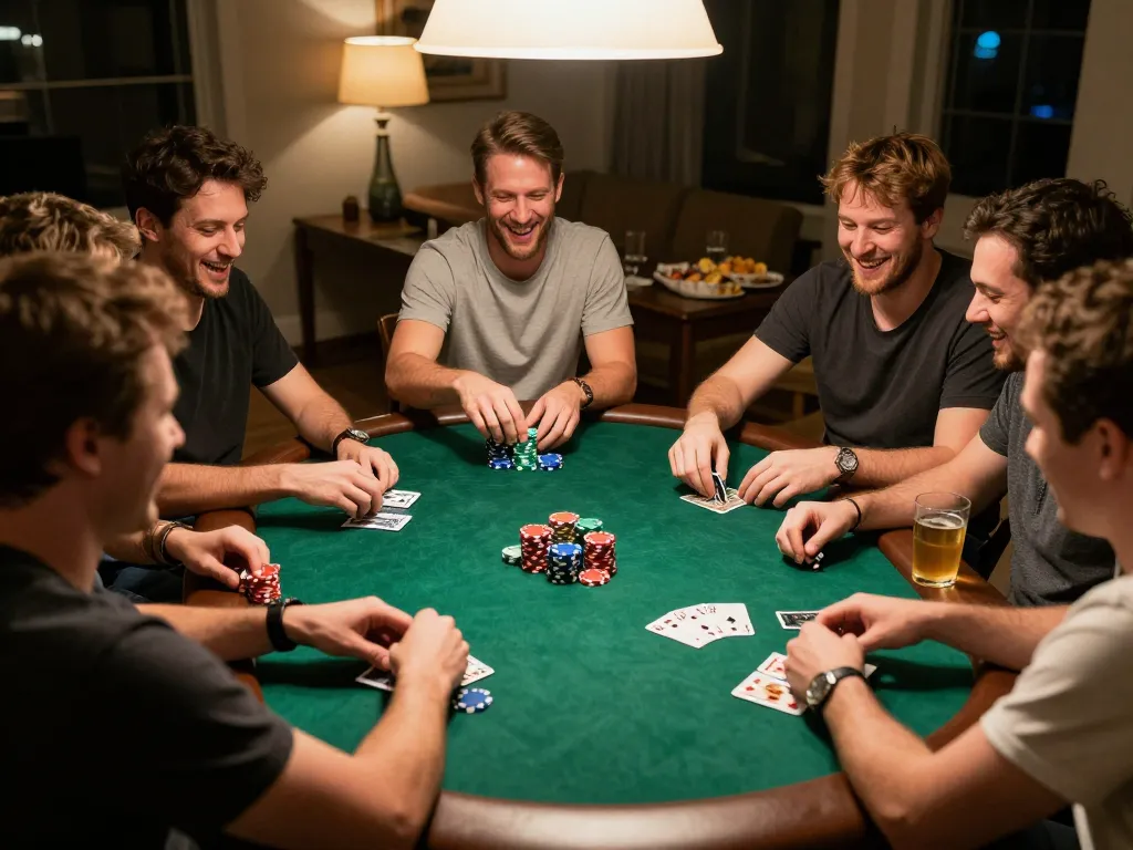 I giocatori si divertono durante una emozionante serata di poker a casa mentre strategizzano con le opzioni dei bookmaker non AAMS in gioco