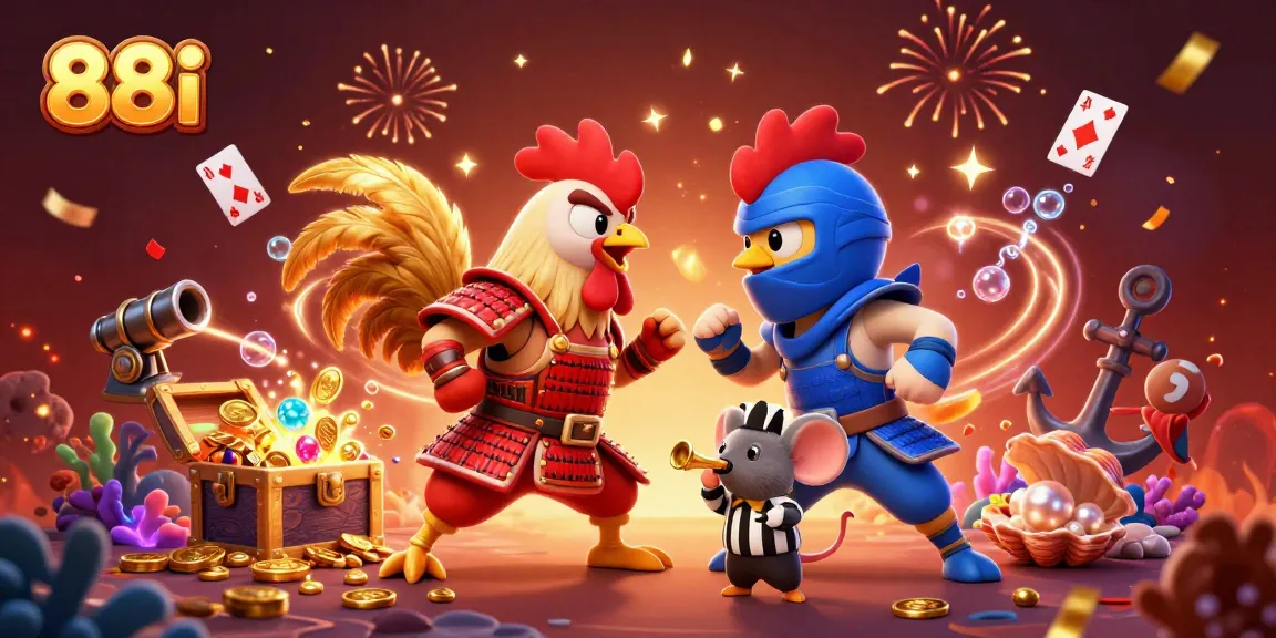 Engage with the exhilarating showdown of 88i fighting roosters amidst vibrant casino-themed elements.