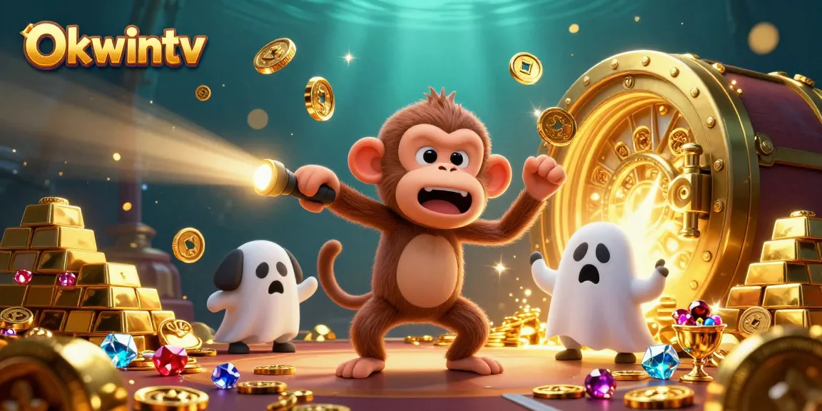 Experience Okwintv as a playful poltergeist monkey juggles golden treasures in a vibrant casino.