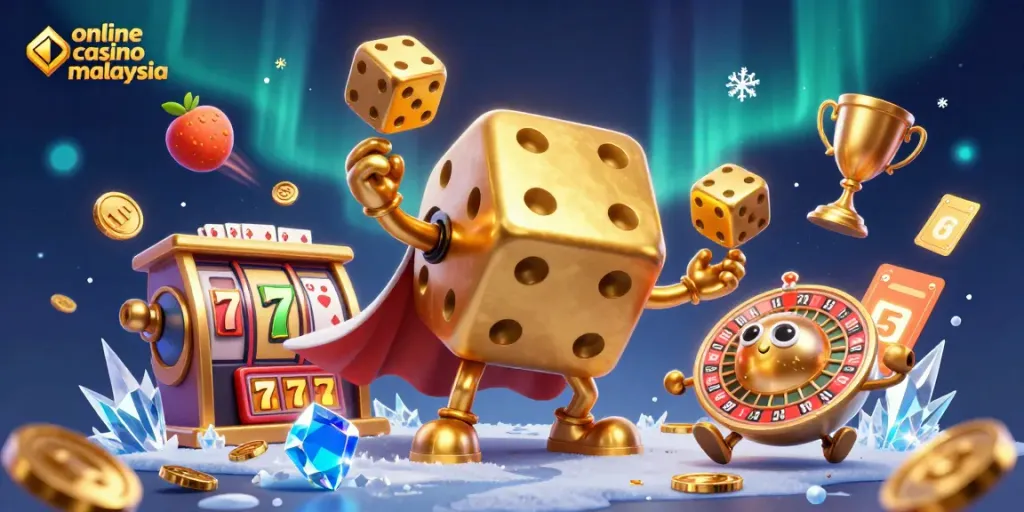 Experience the excitement of online casino malaysia with a dynamic scene featuring a golden dice golem and vibrant slot elements.