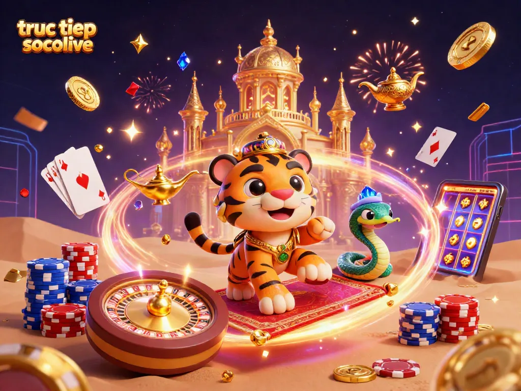 Experience truc tiep socolive with a dazzling 3D casino-themed scene featuring vibrant characters and rich gambling elements.