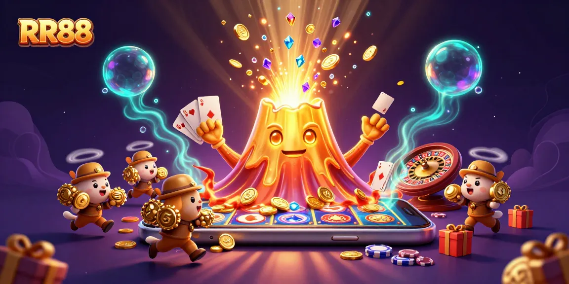 Win at RR88 with a golden volcano erupting coins and treasure amid vibrant casino elements.
