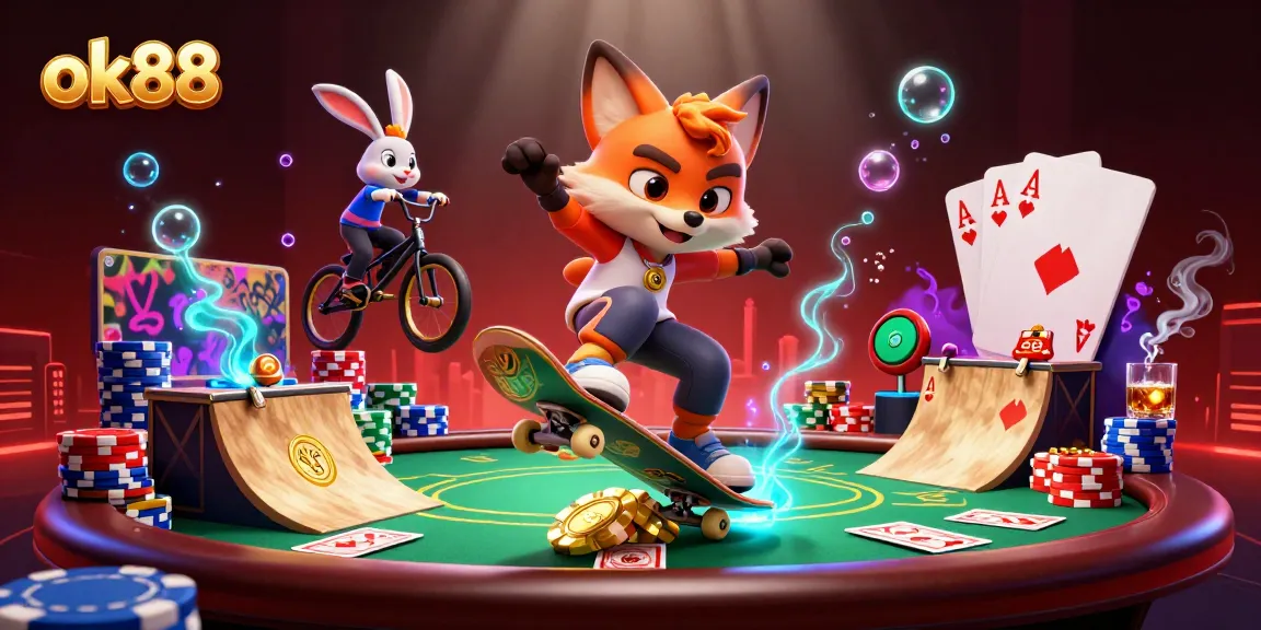 Engage in thrilling gameplay with ok88's vibrant casino scene featuring poker and playful characters.