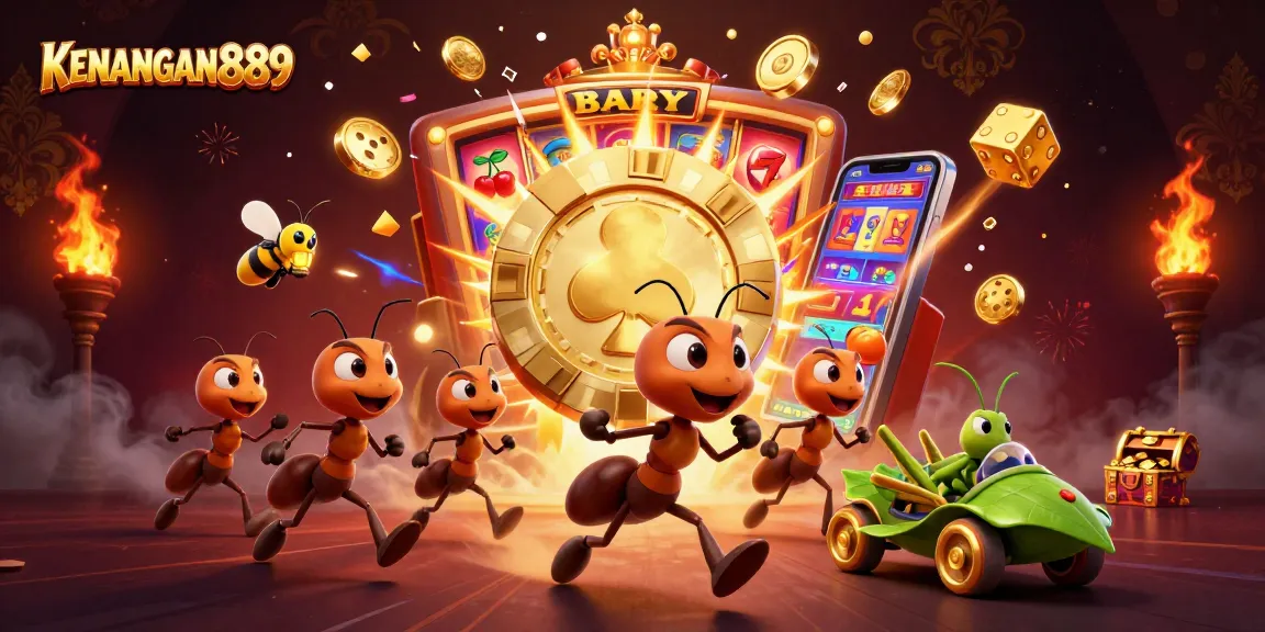 Join the excitement at KENANGAN889; ants heist with a giant poker chip amidst casino visuals bursts.