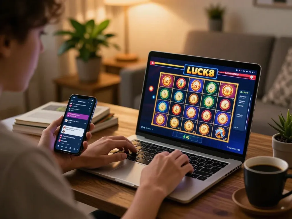 Người chơi tham gia trò chơi LUCK8 trên laptop trong một không gian chơi game ấm cúng tại nhà