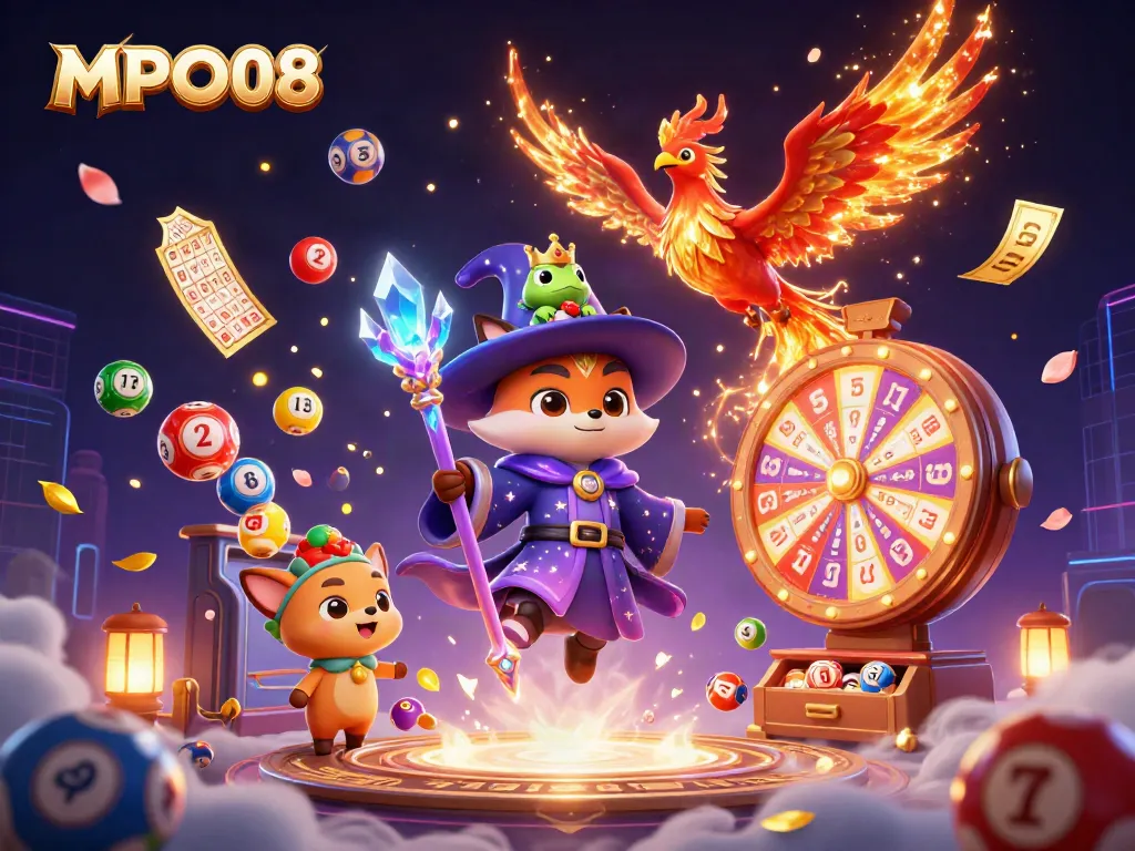 Engage in thrilling MPO08 lotto games with vibrant lottery balls and magical characters!