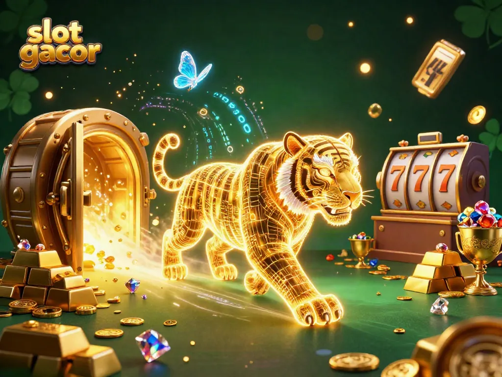 Experience the thrill of slot gacor with a dynamic digital casino scene featuring a golden tiger and treasures.