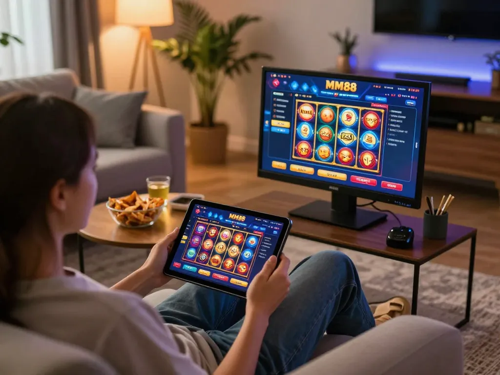 Engaging in online gaming at MM88 with a stylish tablet interface and cozy home decor.
