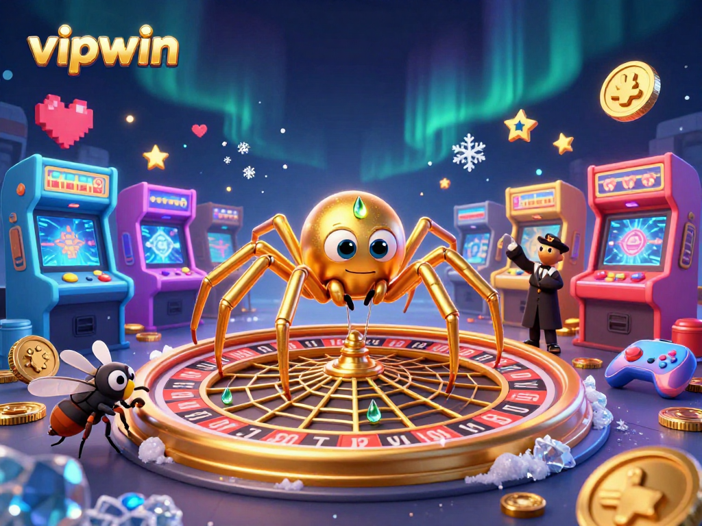 Experience thrilling bets with vipwin's golden spider and vibrant game elements in this dynamic casino scene.