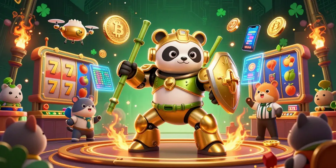 The ta 88-themed 3D illustration portrays a golden panda mech in a lively casino scene, highlighting vibrant slots and crypto elements.