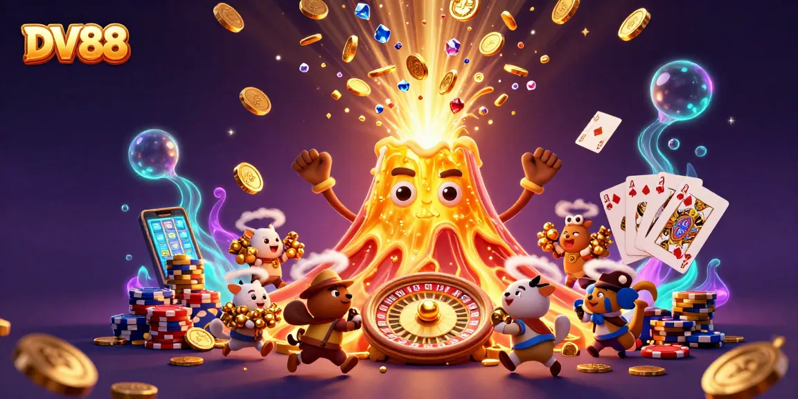 Experience thrilling gaming action at DV88 with a vibrant 3D casino scene packed with treasures.