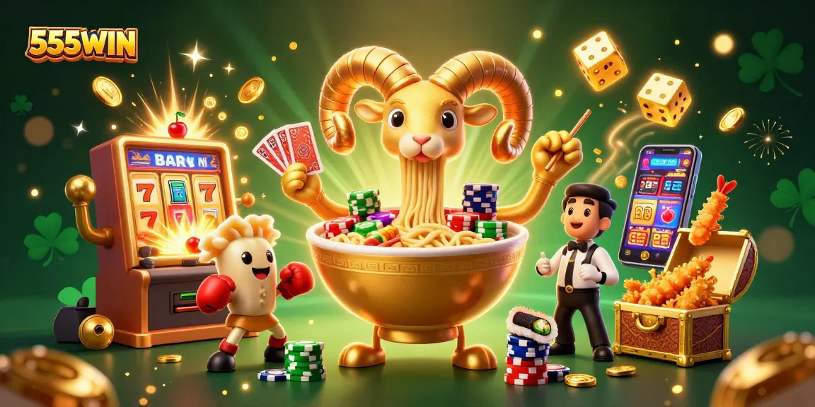 Win big with 555WIN in this vibrant, action-packed online gambling illustration.