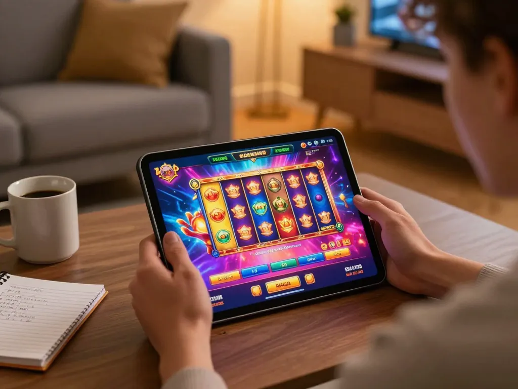 Engaging scene of LGOSUPER LOGIN on a tablet, showcasing an exciting slot game.