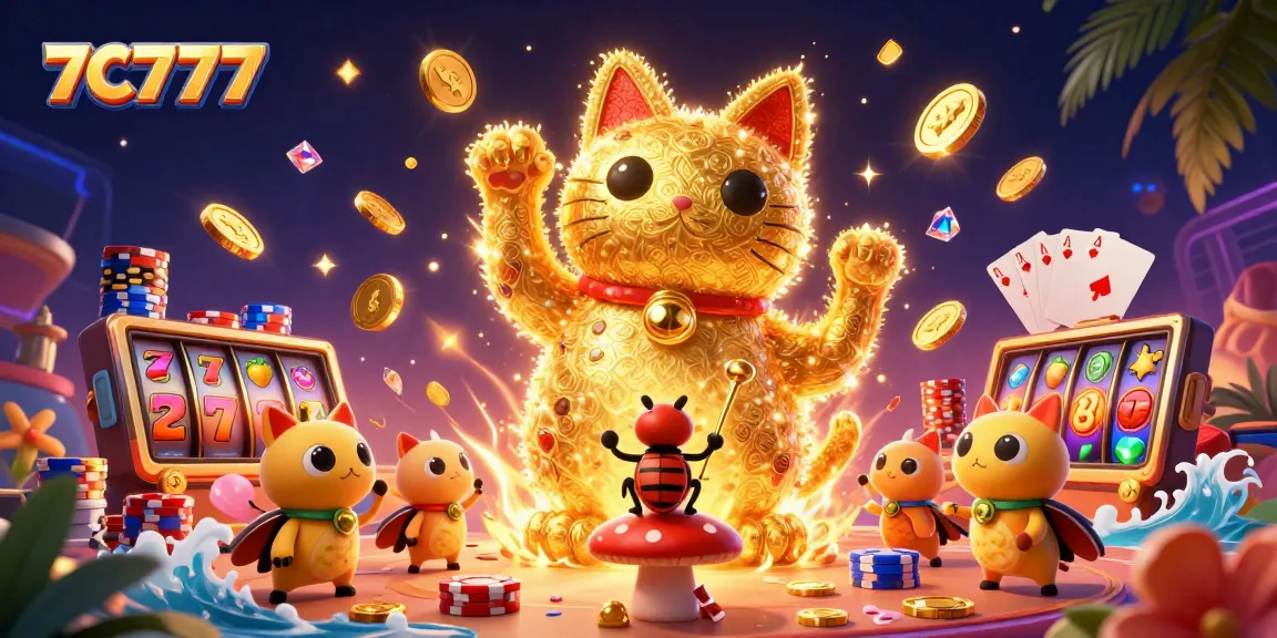 Experience winning thrills with 7C777, featuring a vibrant lucky cat and slots action in a dazzling casino art scene.