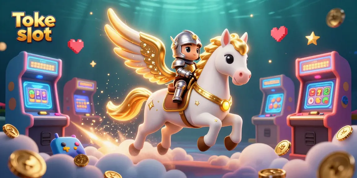 Toke slot showcases a vibrant 3D casino scene with a knight and celestial horse, surrounded by glowing game elements.