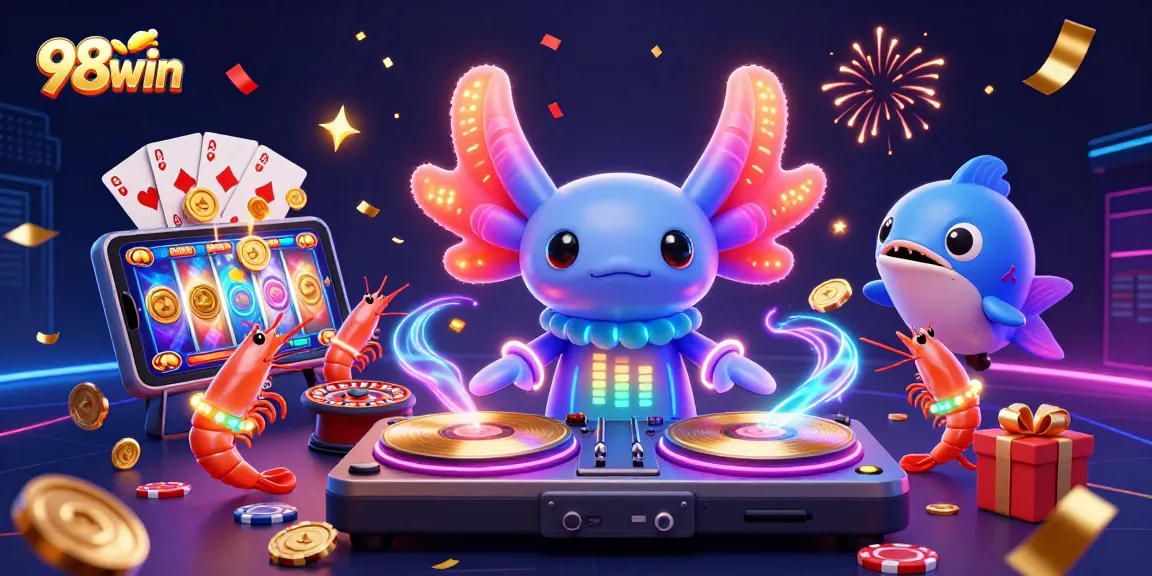 Engage in thrilling slots at 98win with vibrant 3D illustration featuring axolotl DJ and dancing creatures.