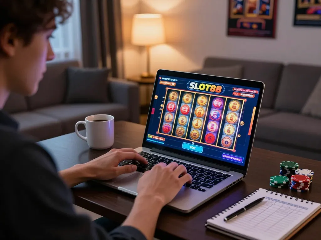 SLOT88 gaming session on laptop, showcasing exciting slot reels with vibrant graphics in a cozy setting