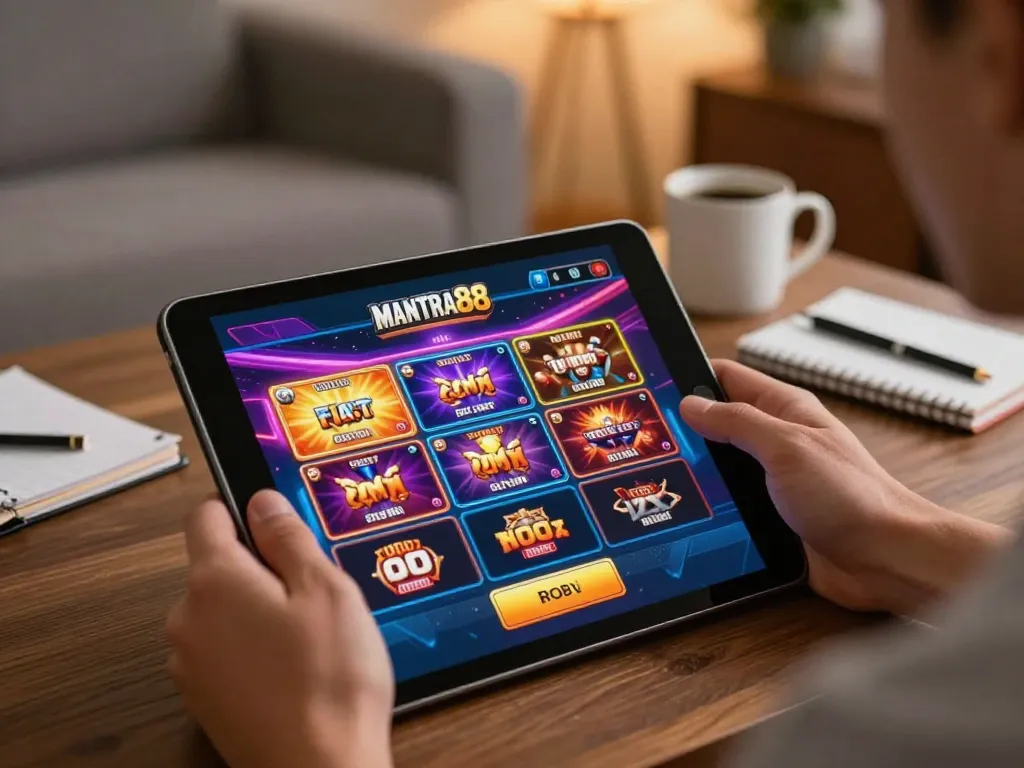 Engaging with the mantra88 app on a tablet during an online gaming session.