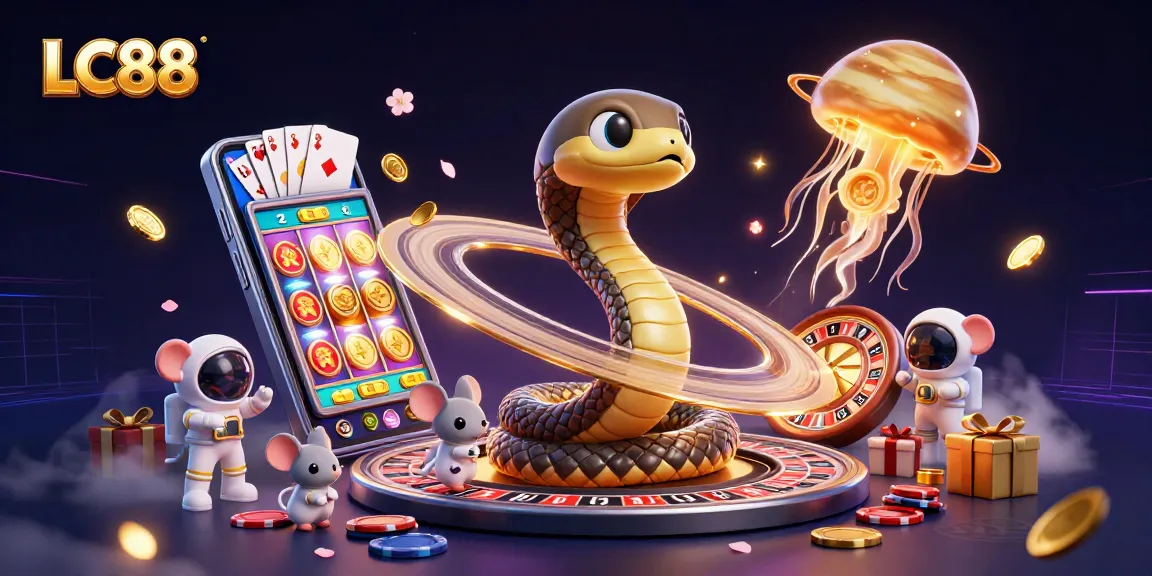 LC88: Engage with the cosmic roulette as astronaut mice bet on snake rings in this vibrant casino scene.