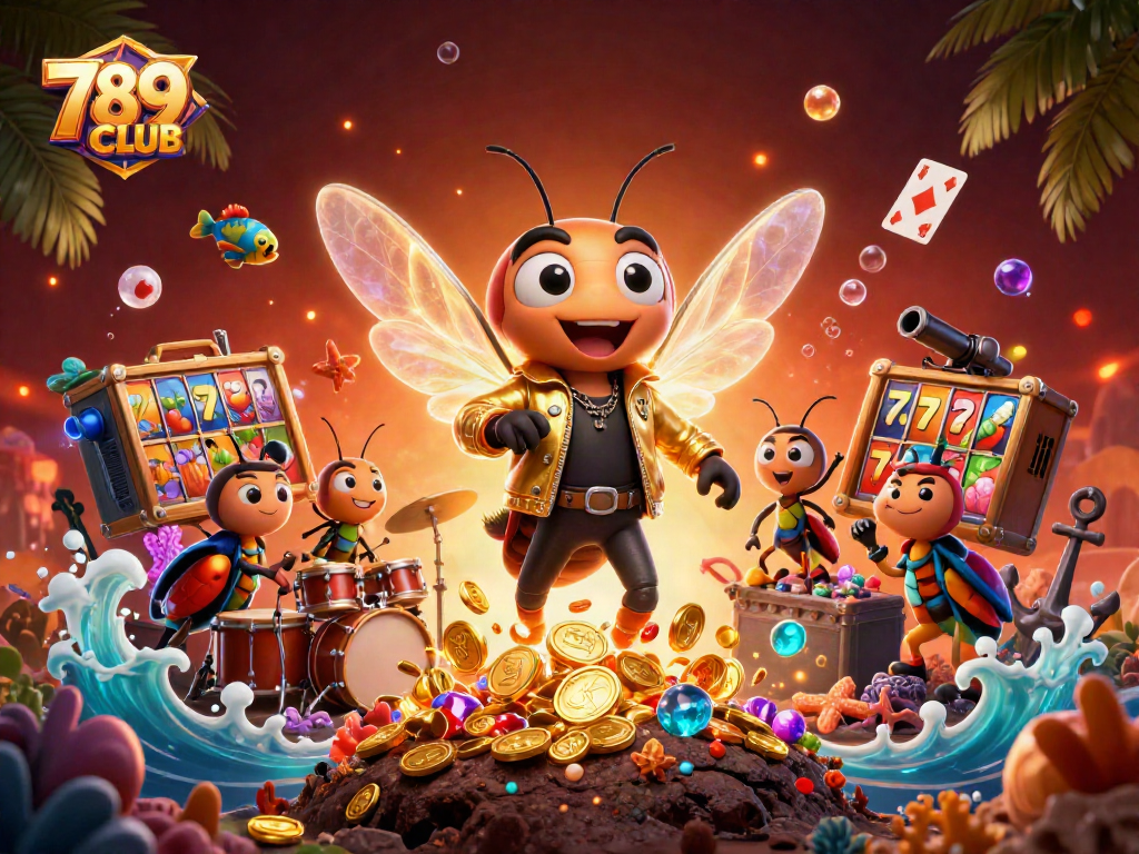 Engage with 789CLUB's vibrant slot atmosphere featuring a cicada rock star and dynamic elements.