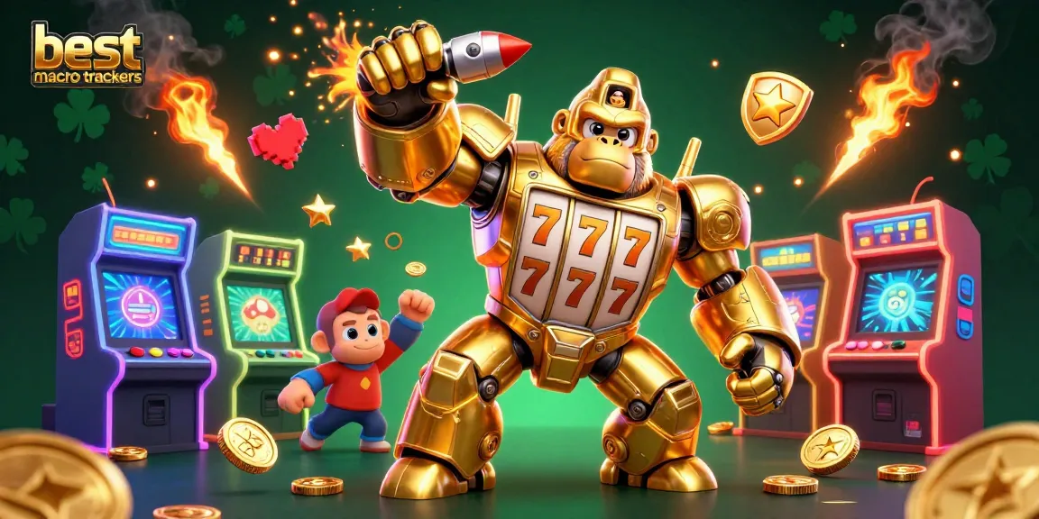 Spin the reels of the best macro trackers as the golden gorilla mech punches coins upward in a vibrant casino scene.