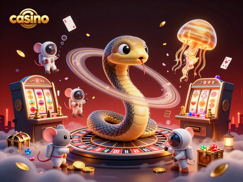 Casino scene with a Saturn ring snake and astronaut mice betting on roulette rings.
