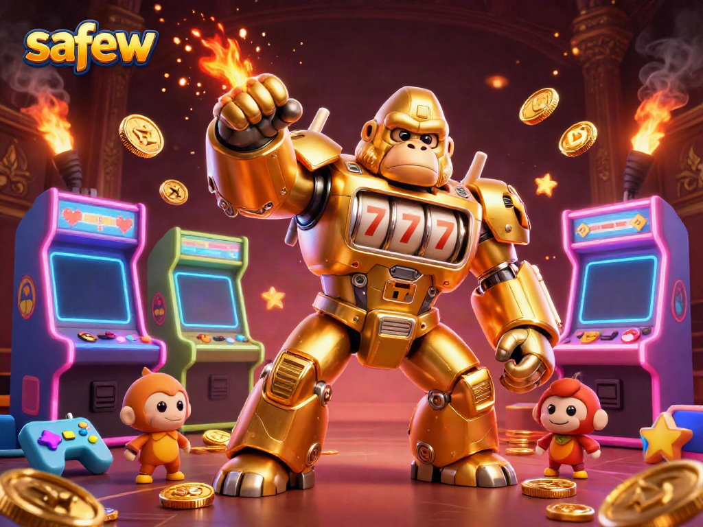 Safew brings excitement to communication with a golden gorilla mech amidst gaming elements.