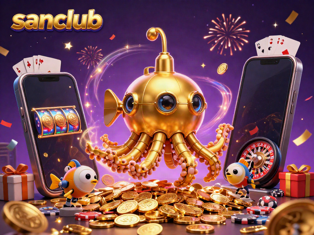 Win big with sanclub in this vibrant casino scene filled with gold coins and thrilling games.