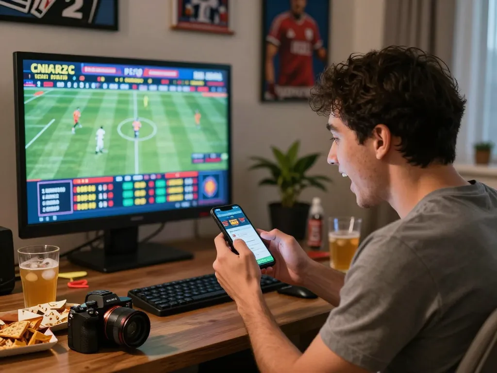 Person placing sports bets on a mobile app, highlighting GG88 excitement in a vibrant home setup.