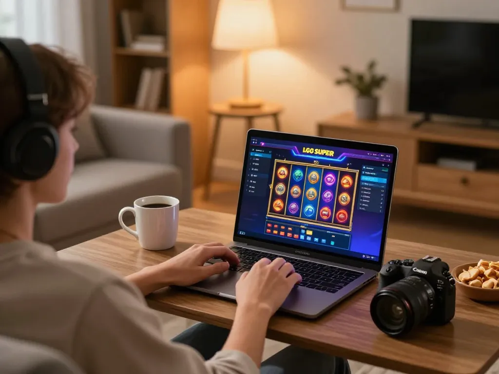 Engaging experience playing LGO SUPER online slots from a cozy home setup with snacks and a laptop.