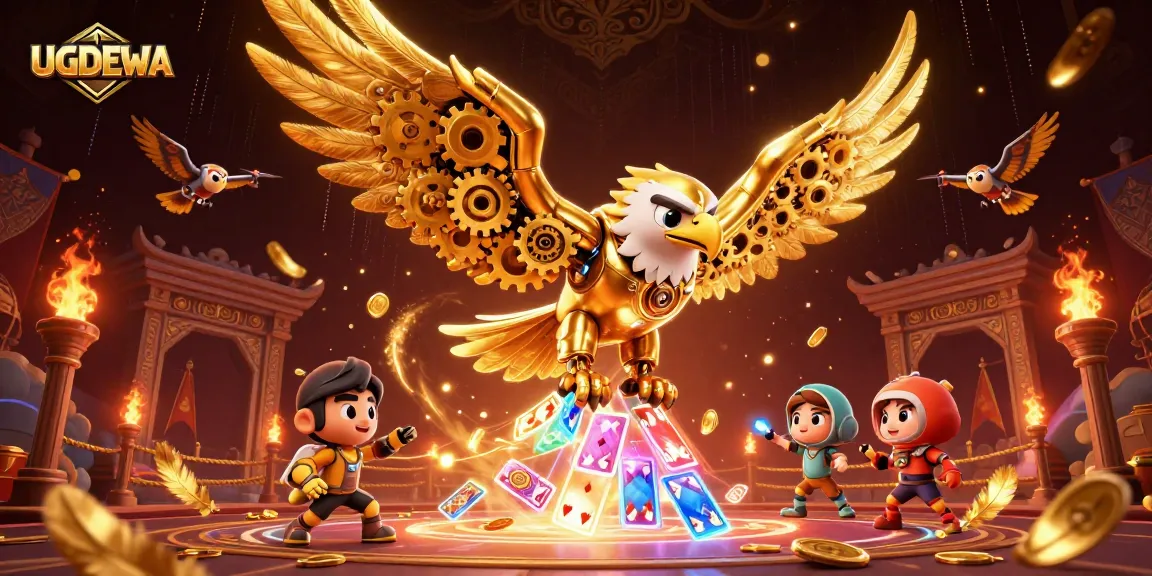 Experience the excitement of UGDEWA casino with a golden eagle amidst holographic cards and dynamic game elements.