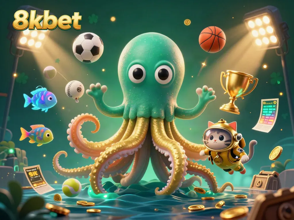 Experience thrilling gaming with 8xbet, featuring a colossal kraken and vintage divers in a treasure-filled scene.