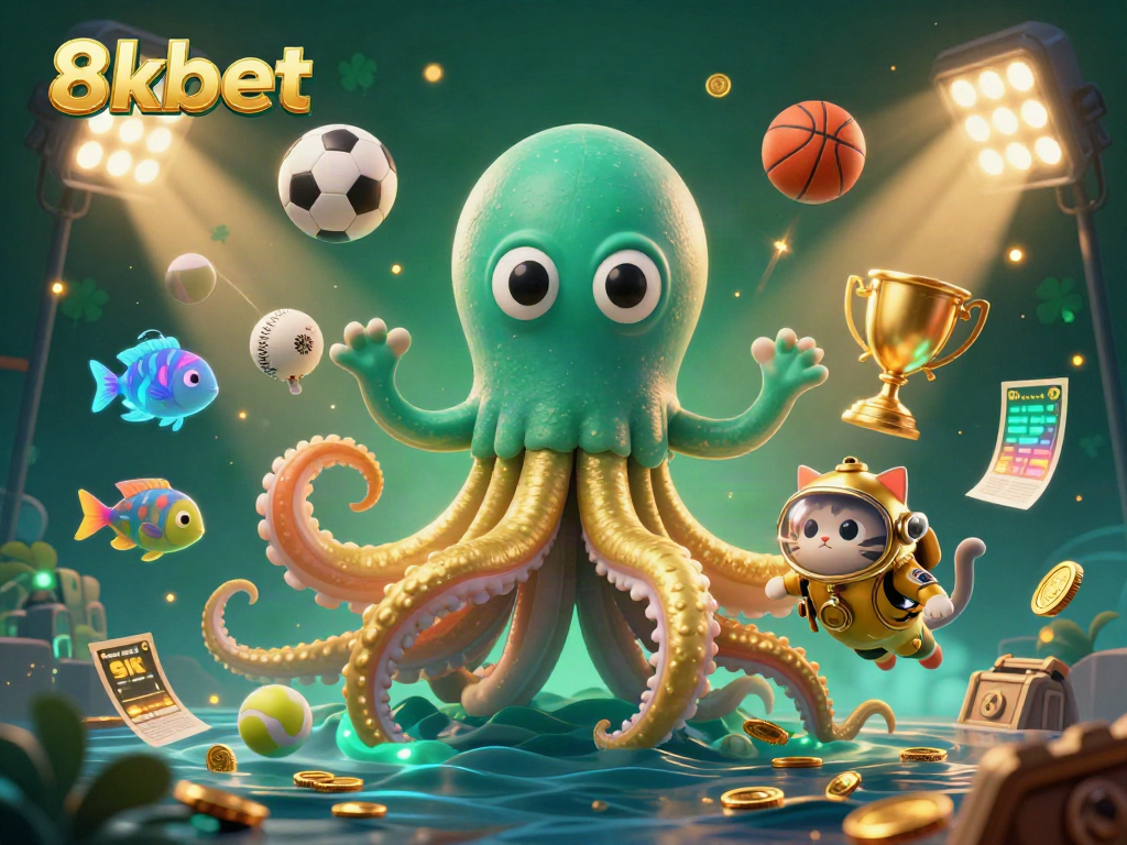 Experience thrilling gaming with 8xbet, featuring a colossal kraken and vintage divers in a treasure-filled scene.