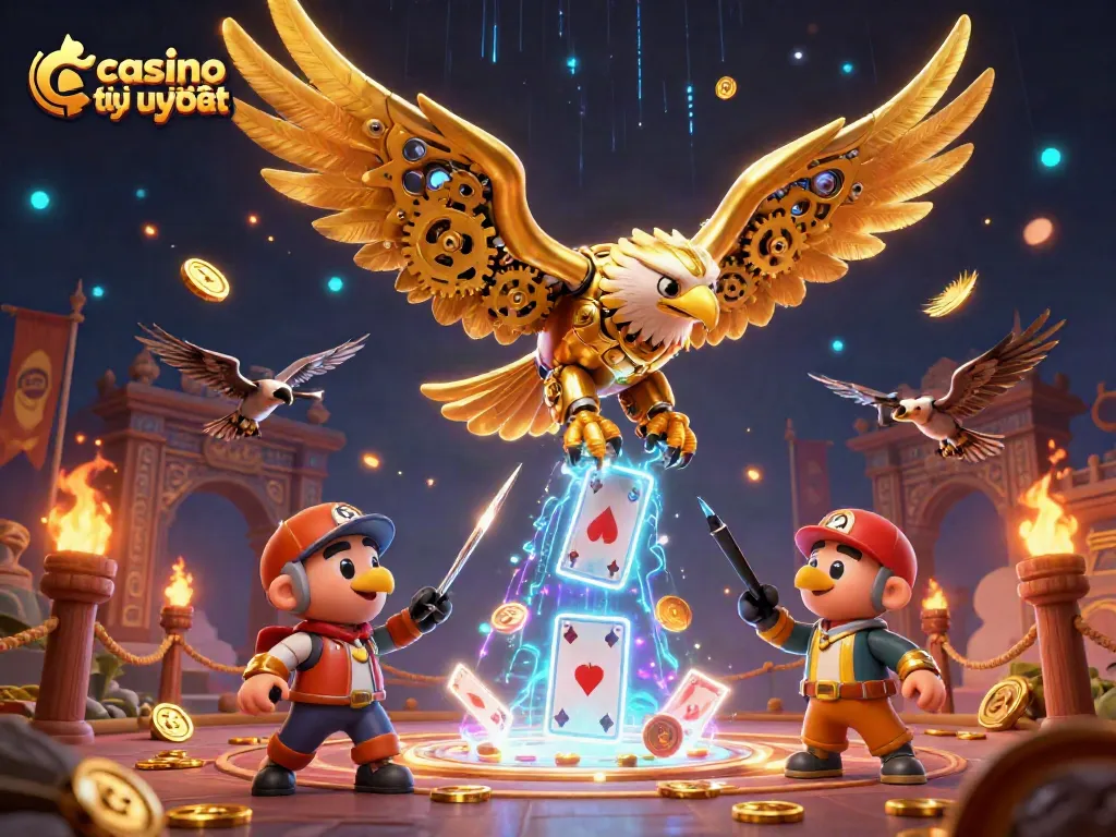 Tham gia cùng casino trực tuyến uy tín với đại bàng vàng điều khiển, thẻ bài hologram và ánh sáng lấp lánh.