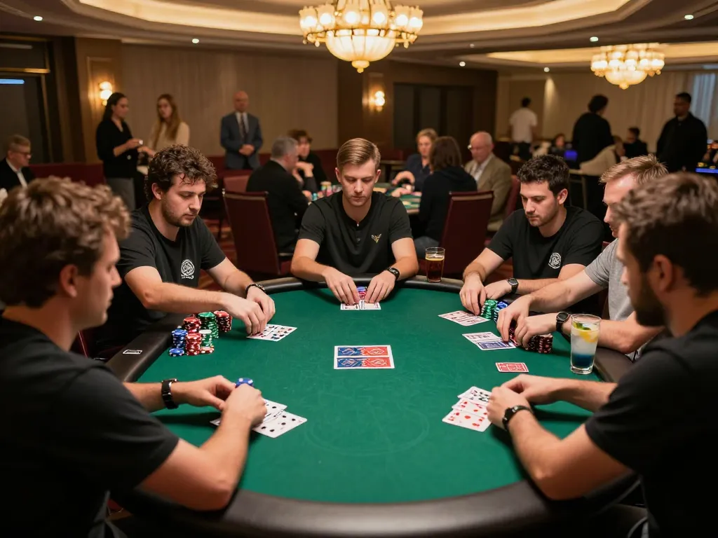Players engage in an intense poker game showcasing maxpoker88 strategy in a lively casino environment.