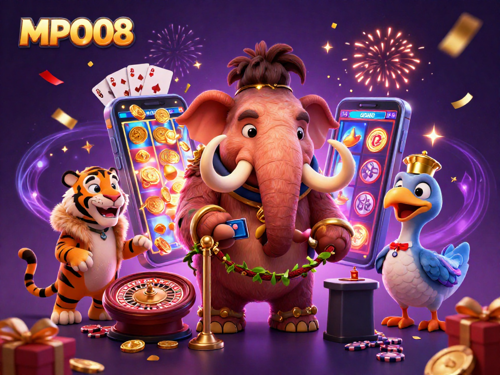 MPO08 offers interactive gaming action with vibrant characters, slot games, and dazzling casino elements.