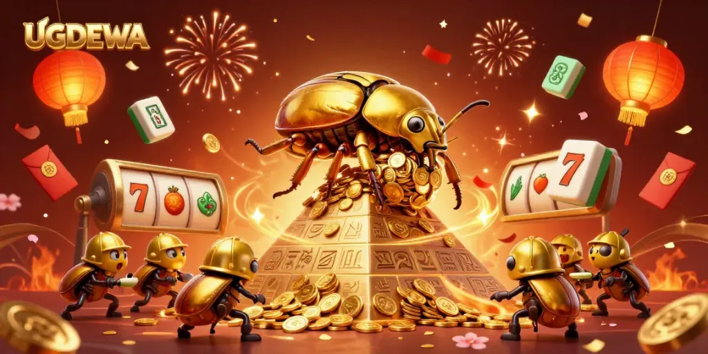 Engage in the UGDEWA experience with festive characters and golden coins in a dynamic casino scene.