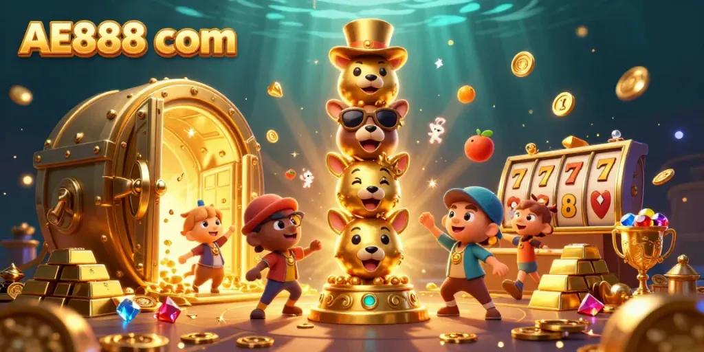 Experience the thrill with AE888 com in this vibrant 3D illustration of a casino-themed totem pole.
