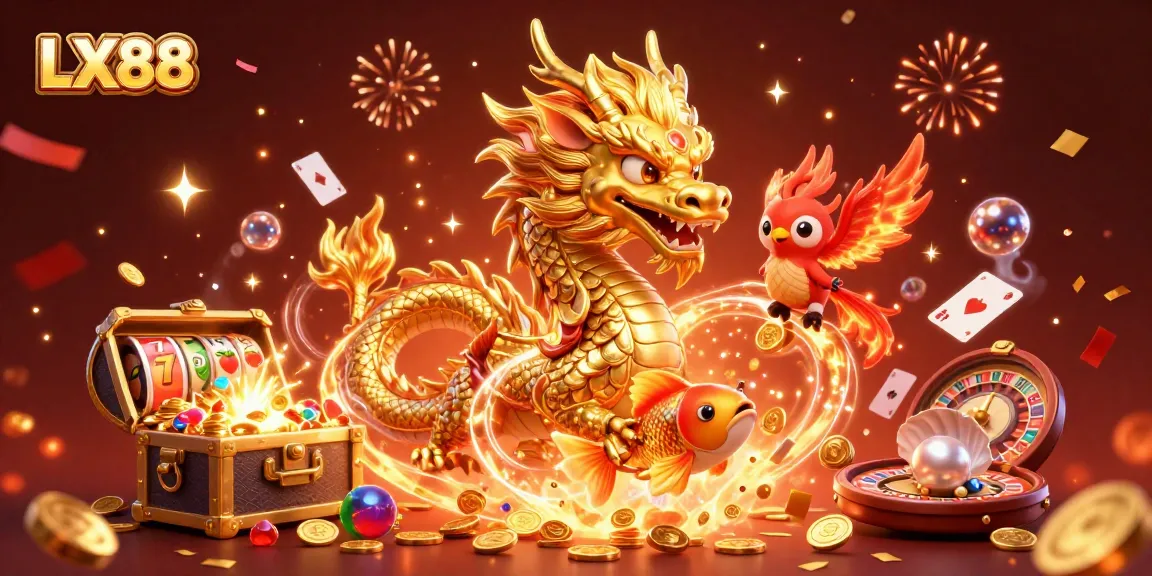 LX88 casino scene showcasing a dragon, phoenix, koi fish, and slot reels surrounded by vibrant casino elements.