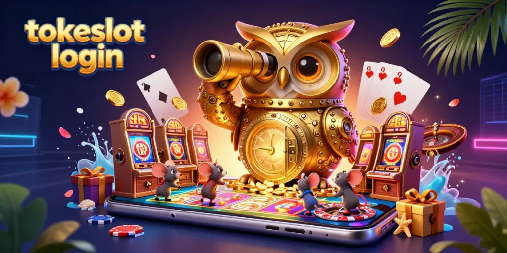 Tokeslot login engages players with vibrant 3D casino illustration showcasing thrilling slot games and characters.