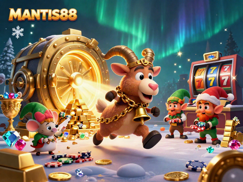 MANTIS88 showcases a lively casino scene where a Krampus goat character manages chaos among playful gremlins stealing poker chips.