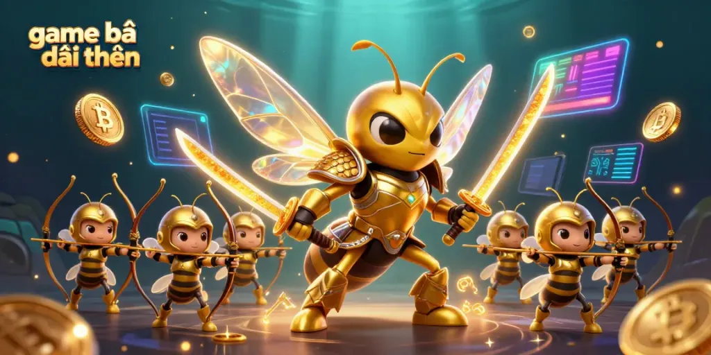 Engage with game bài đổi thưởng illustrating a gold hornet warrior surrounded by cryptocurrency elements in an immersive scene.