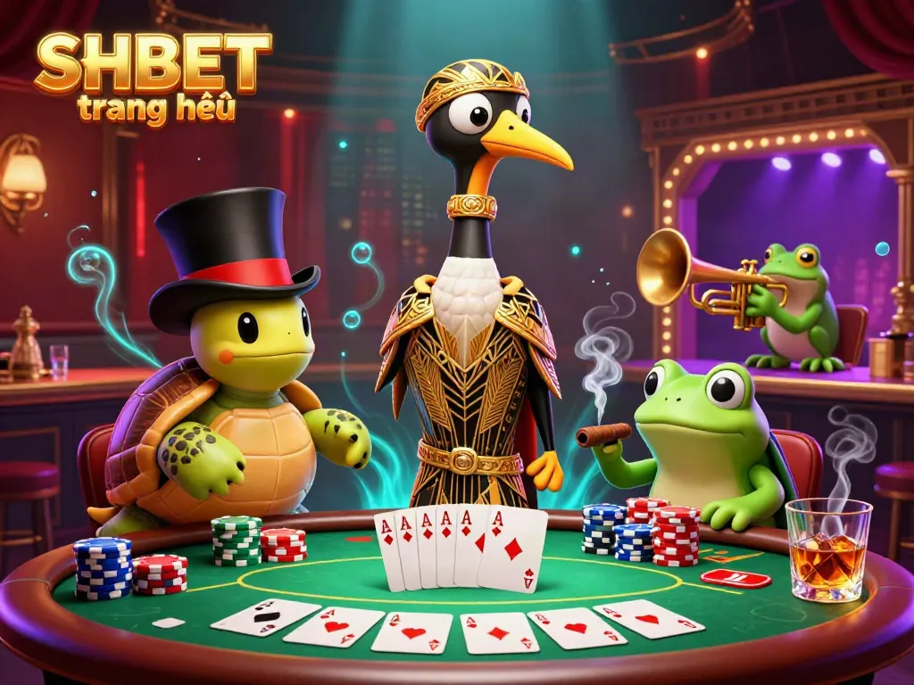 Engage with thrilling games on SHBET trang chủ featuring vibrant caricatures in a lively casino scene.