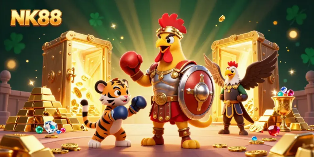 Experience the thrill of NK88 with a dynamic casino-themed 3D illustration featuring a spirited rooster and treasures.